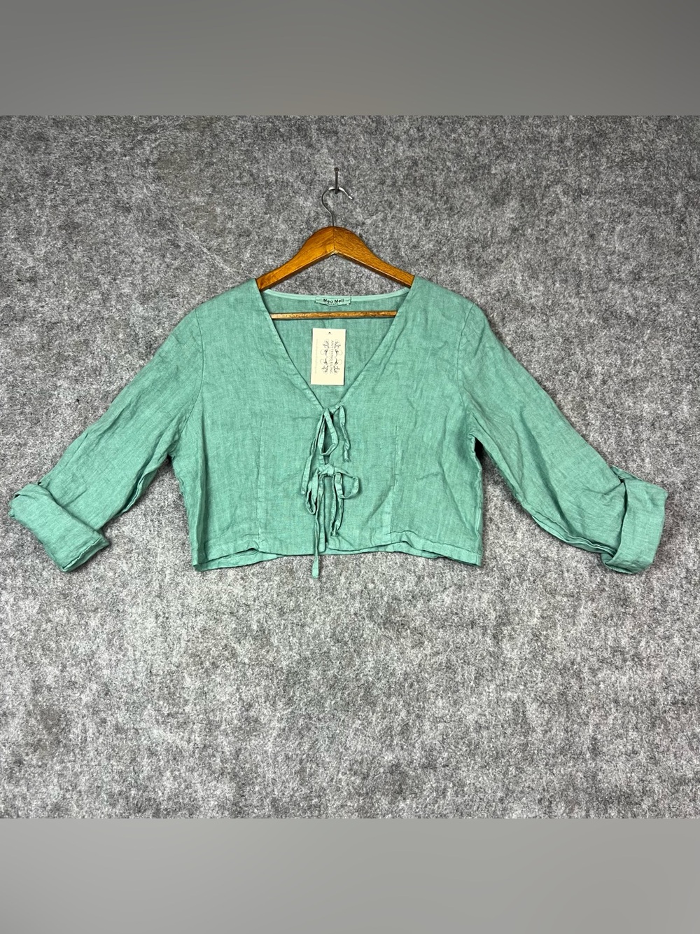 Meo Meli Top Blouse Size L Hand-Tied Cropped V-Neck Blouse in Mint Green NWT